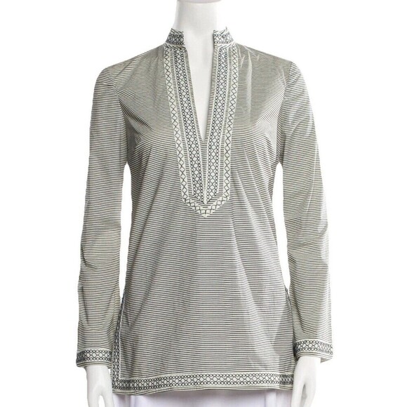 Tory Burch Navy White Tunic Sz 0 Embroidered Striped Side Zip Coastal Style - Picture 1 of 14